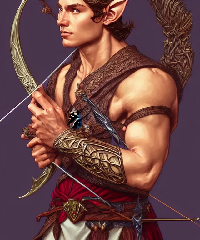 Prompt: a strong powerful fantasy elf man with a bow and arrow, portrait, fantasy, intricate, elegant, highly detailed, digital painting, artstation, concept art, smooth, sharp focus, illustration, art by artgerm and larry elmore and alphonse mucha