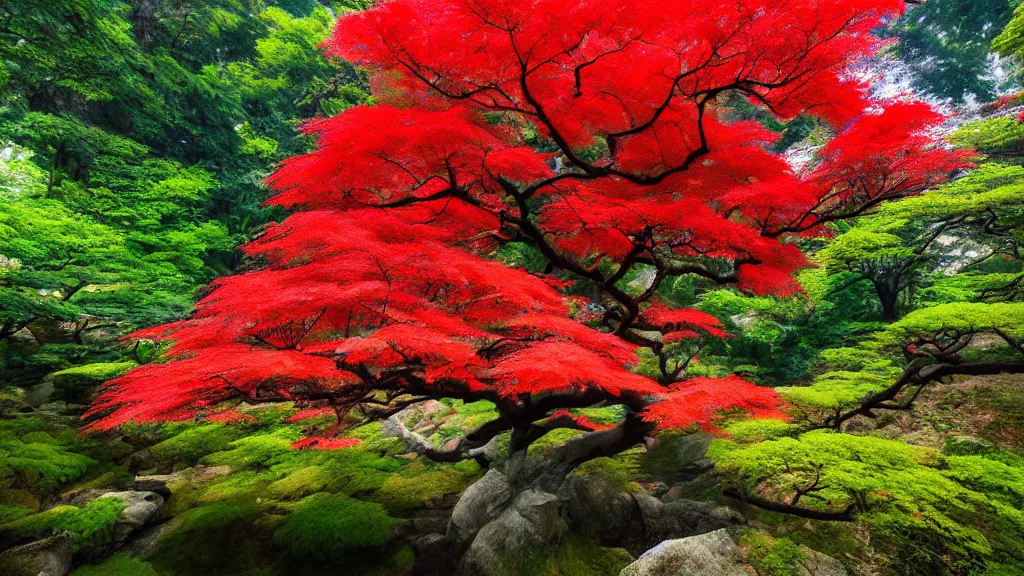Prompt: japanese fairytale red maple tree, vivid tones, wide angle, by miyazaki, nausicaa ghibli, breath of the wild