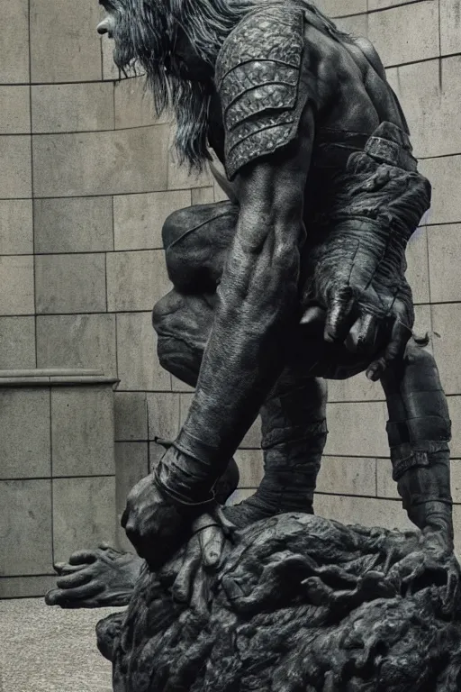 Prompt: geralt from the witcher as rodin's the thinker, museum photo