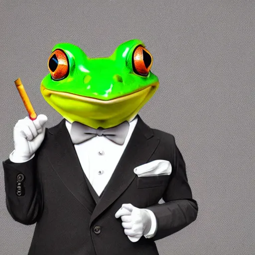 Image similar to a high detail closeup shot of a frog wearing a suit 👔,and smoking a cigarrette🚬