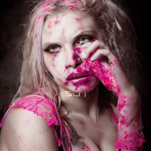 Prompt: a dirty grungy zombie girl wearing pink lace victoria secret, studio portrait,