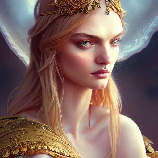 Image similar to beautiful lily donaldson, closeup, d & d, fantasy, intricate, elegant, highly detailed, digital painting, artstation, concept art, matte, sharp focus, illustration, art by artgerm and greg rutkowski and alphonse mucha