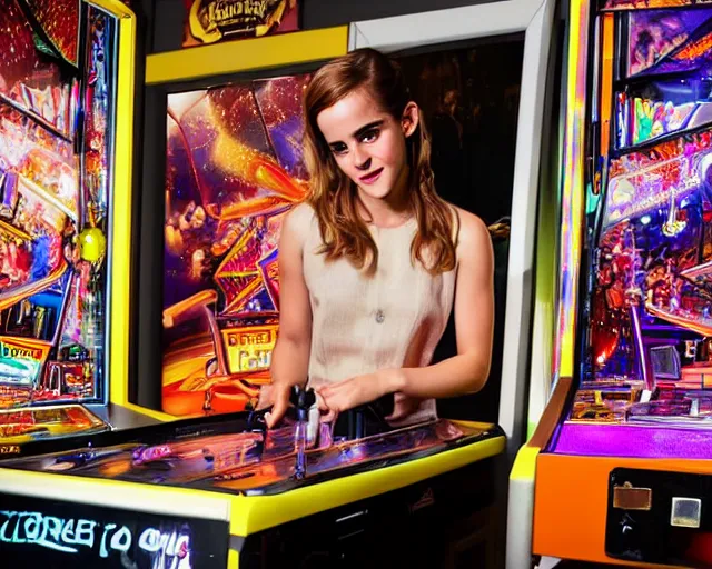 Prompt: color studio photo of emma watson playing a pinball machine, detailed