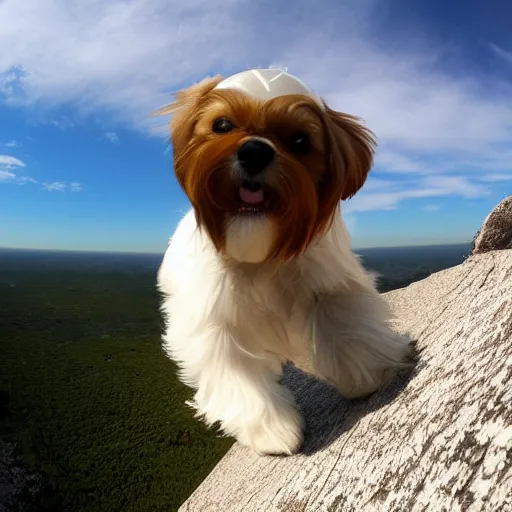 Prompt: a cream-colored havanese dog rock climbing, gopro photo, 4k