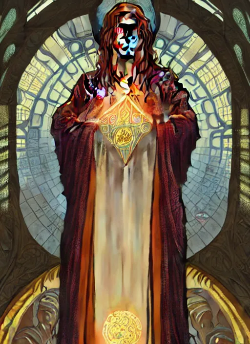 Image similar to portrait of a full body of curvy young female solarpunk priestess in byzantine robes, fantasy, flat lighting, intricate, highly detailed, digital painting, artstation, concept art, smooth, sharp focus, illustration, art by simon bisley and greg rutkowski and alphonse mucha, natural tpose