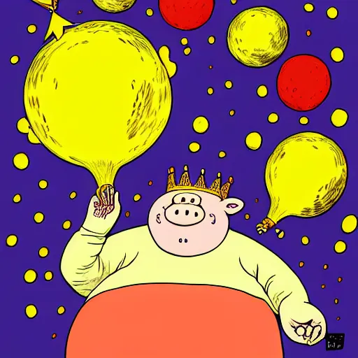 Prompt: trippy comic art of a obese pig wearing a gold crown throwing tan paper balls into the air, drawn by Martin Rowson, Tim Burton, Studio Ghibli, Alex Pardee, Nekro Petros Afshar, James McDermott, colors by lisa frank, unstirred paint, vivid color, cgsociety 4K