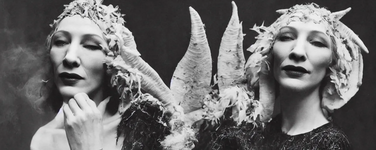 Image similar to 1920s portrait photography of cate blanchett transforming into a monster, edelweiss growing out of her face, goat horns on her head