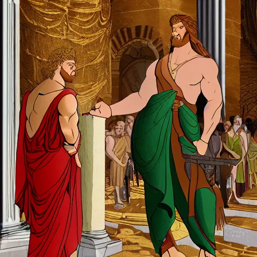 Prompt: hercules gives achilles the side - eye while they wait in line to worship at zeus's feet, throne of olympus, heavenly marble, gods and goddesses in elegant clothes