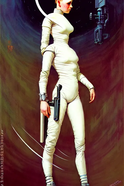 Image similar to pulp scifi fantasy illustration full body android girl, fencer, white hair, futuristic design, crafting, diy, by norman rockwell, roberto ferri, daniel gerhartz, edd cartier, jack kirby, howard brown, ruan jia, tom lovell, jacob collins, dean cornwell, astounding stories, amazing, fantasy, other worlds