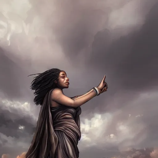 Prompt: a colossal goddess is watching us from above, creative, brown skin, giant, digital art, highly detailed, photo manipulation, dark clouds, town, covered in clouds, covered by clouds, dark gray hair, digital painting, artstation