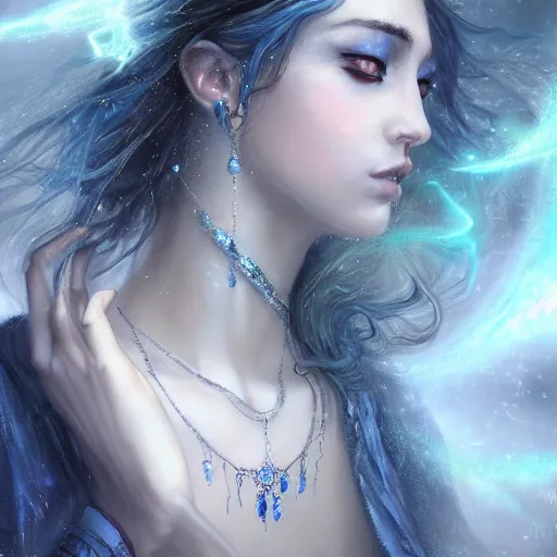 Image similar to masterpiece portrait of a beautiful mage woman, ice spell, 3 0 years woman, soft realistic thin appealing face, light eyes, black dynamic hair, wearing silver diadem, blue gems inlays, silver necklace, digital painting by wlop, luis royo, atmospheric effects, chaotic blue sparks dynamics background, intricate, artstation, fantasy