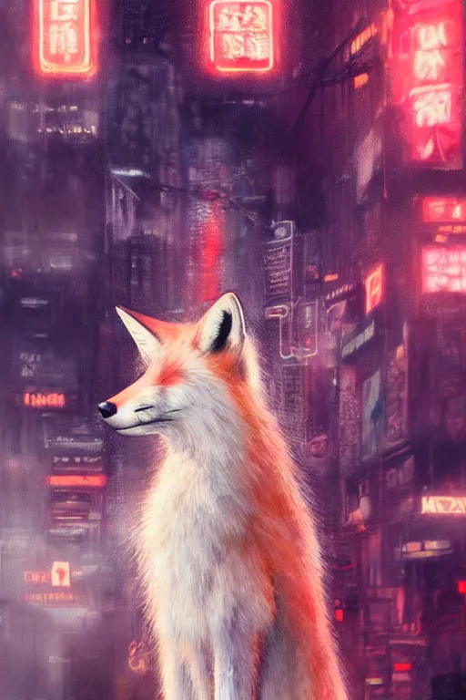 Prompt: beautiful portrait of a tall white female anthro fox smoking a cigarette towering head and shoulders above the bustling crowd of a rainy city street around her, cyberpunk clothes, harsh neon lights, highly detailed, sharp focus, digital painting, illustration, trending on artstation, art by sakimichan, wlop, greg rutkowski