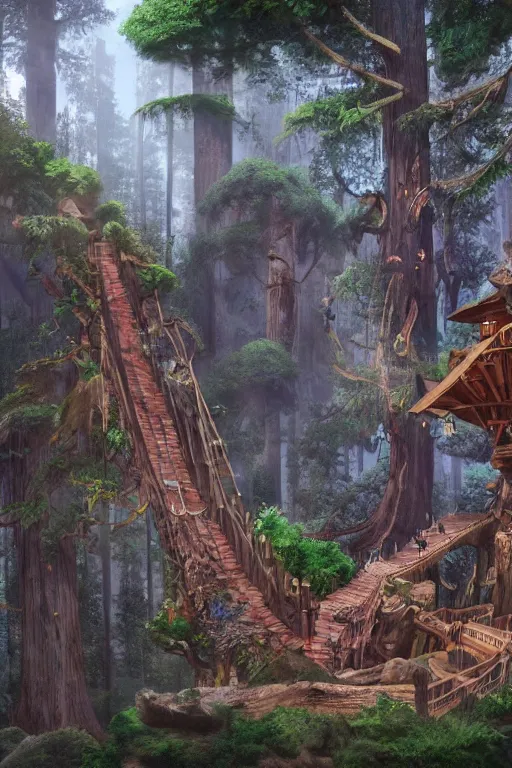 Image similar to various treehouses mounted on giant redwood tree trunks, interconnected by rope bridges, fantasy setting, dense vegetation, very detailed, d & d concept art, 4 k