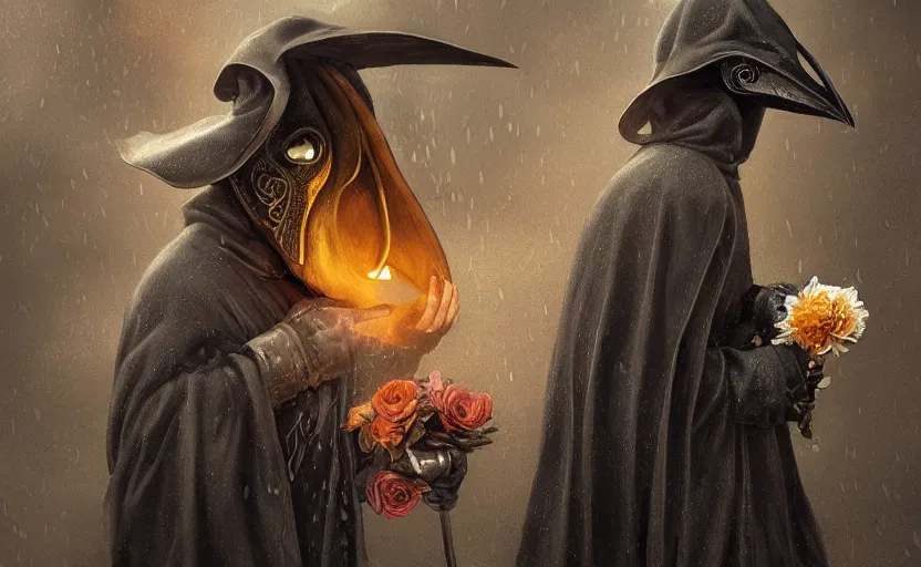 Image similar to plague doctor holding flowers, heavy rain, wind, thunder, reflections, deep focus, d & d, fantasy, intricate, elegant, highly detailed, digital painting, artstation, concept art, matte, sharp focus, illustration, hearthstone, art by artgerm and greg rutkowski and alphonse mucha