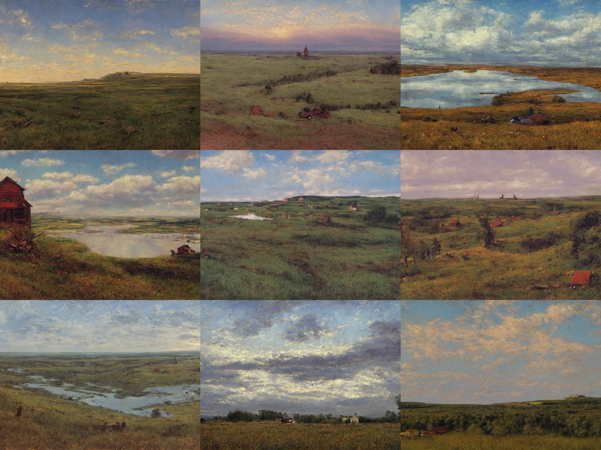 Prompt: russian academic landscape painting 1880s, wide river and tiny house on the top of the hill, epic wide sky and horzon, andrey tarkovsky, 70s, pastel colors, cinematic, ultra view angle view, 'Nad vechnim pokoem' painting by isaac levitan and nikolay nissky, peredvishniki