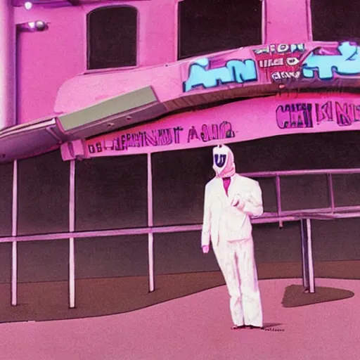 Prompt: man wearing a pink suit and a pink pig mask standing outside a night club, chris foss, john harris, beeple, wayne barlowe