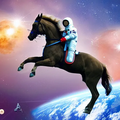 Image similar to cosmonaut horse floating in outer space, high tech space suit, highly detailed, nasa picture, realistic photograph, 4 k