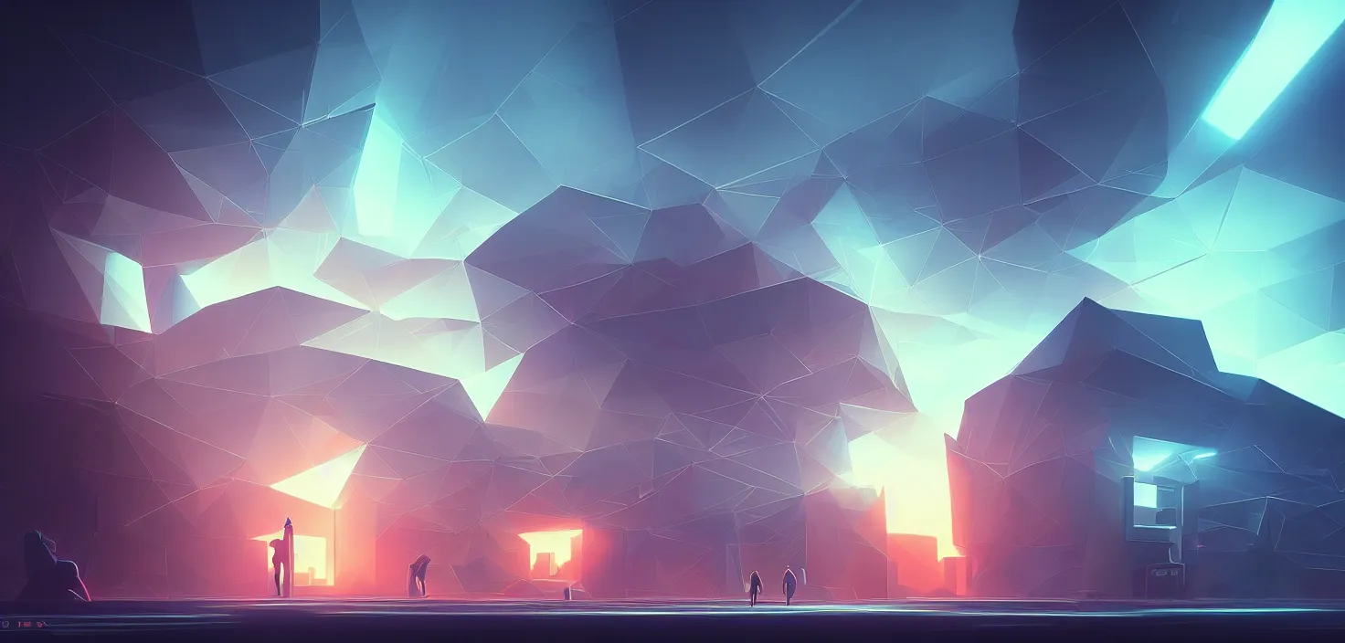 Image similar to abstract data center server, business technology blurred polygonal geometric space, hi tech digital interior, cinematic view, epic sky, detailed, concept art, low angle, high detail, warm lighting, volumetric, godrays, vivid, beautiful, trending on artstation, by jordan grimmer, huge scene, art greg rutkowski