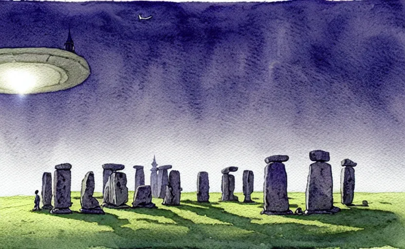 Image similar to a hyperrealist watercolour character concept art portrait of small grey medieval monks levitating stones in the air in front of a complete stonehenge monument on a misty night. a ufo is in the sky. by rebecca guay, michael kaluta, charles vess and jean moebius giraud