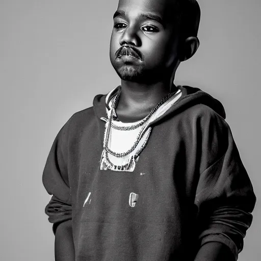 Image similar to the face of young kanye west wearing yeezy clothing at 1 2. 5 years old, portrait by julia cameron, chiaroscuro lighting, shallow depth of field, 8 0 mm, f 1. 8