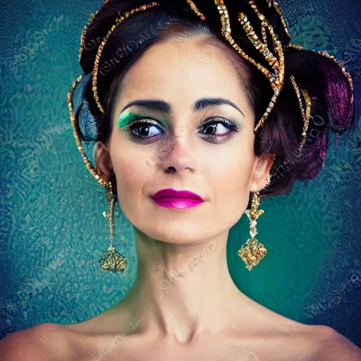 Image similar to medium shot 3 / 4 portrait of a lavish woman of society, embellished attire with woven flourishes, learned gaze in the eyes, bokeh, light from top right, diverse textures