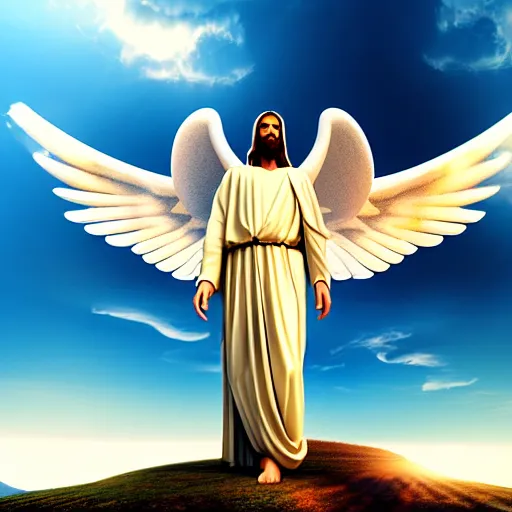 Image similar to gigantic biblical depiction of an angel towering over a vast landscape, cinematic, realistic, geometric white marble body, photorealistic, detailed, gold sky, global illumination, volumetric lighting, god rays, beautiful composition, majestic clouds, soft colors, heavenly lighting