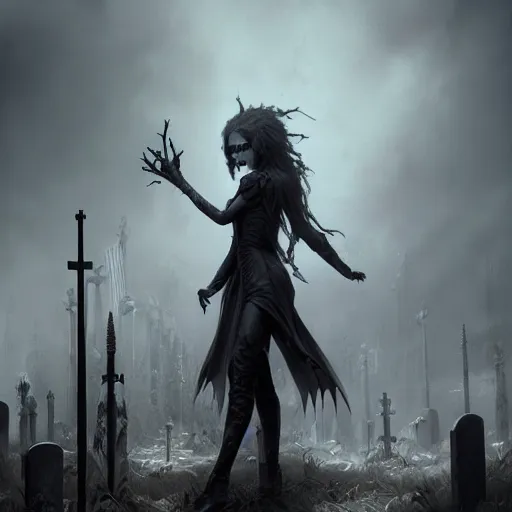 Image similar to kerli koiv the craft standing in a cemetery, gothic, darkwave, darksynth, concept art, sharp, digital matte painting, art by greg rutkowski, wlop, dramatic lighting, trending on artstation