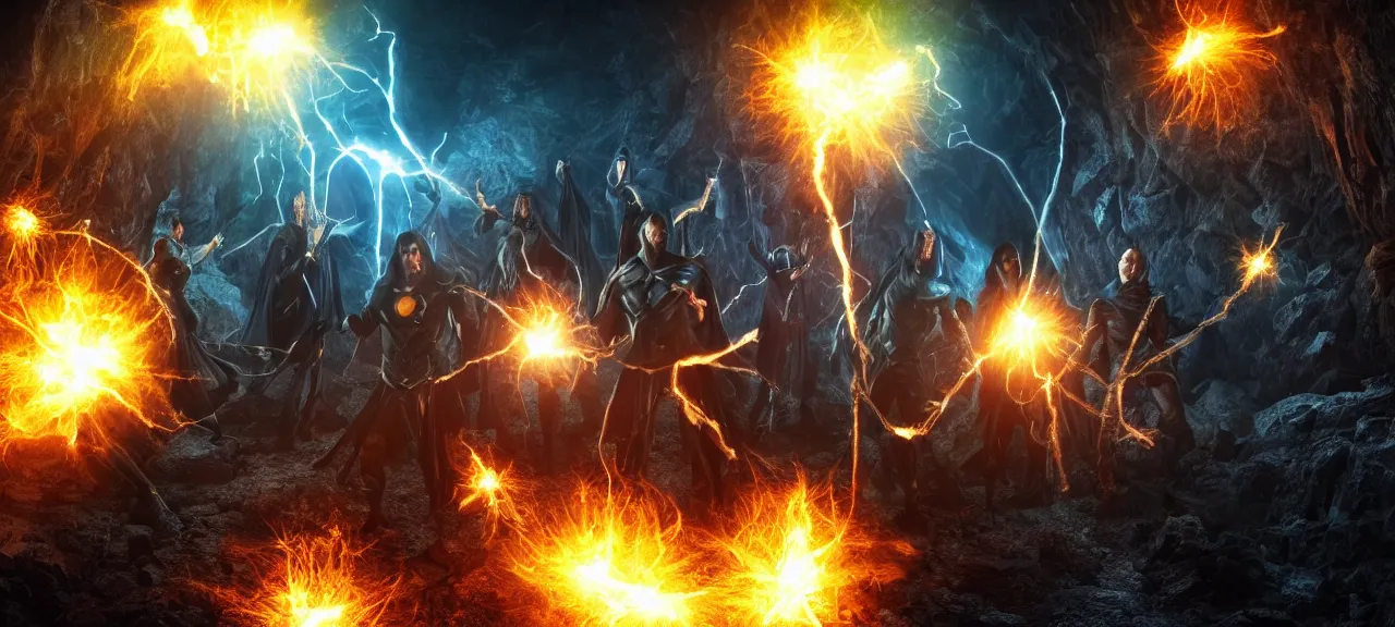 Prompt: Realistic Photo of Six wizards standing in dark cave and shoot fireballs from their magic staffs at DC comic character Black Adam, dark ancient atmosphere, full of glowing particles floating randomly from ground, dramatic lighting, fluid colorful particles rising from ground, realism of movie with fine details