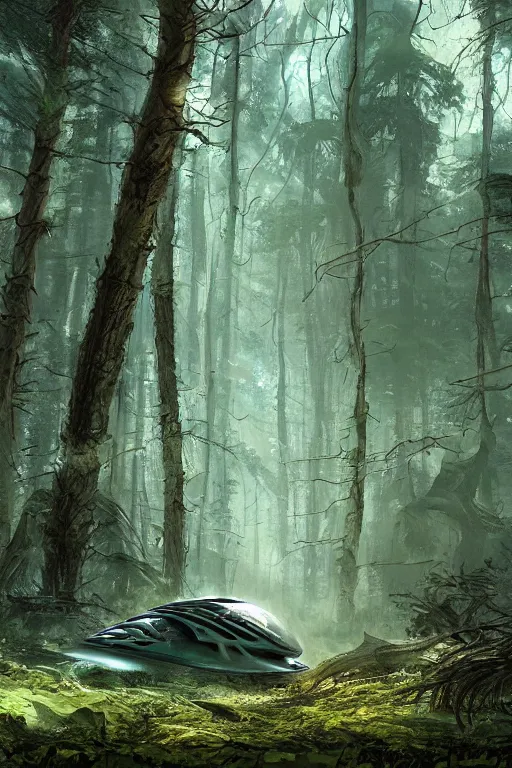 Prompt: scifi alien spaceship crashed in an ancient old forrest clearing, eeire mood, Dynamic lighting, cinematic, establishing shot, extremely high detail, photo realistic, cinematic lighting, , post processed denoised, concept design, concept art, artstation, matte painting, midjourney, style by alex ross, raphael lacoste, eddie mendoza