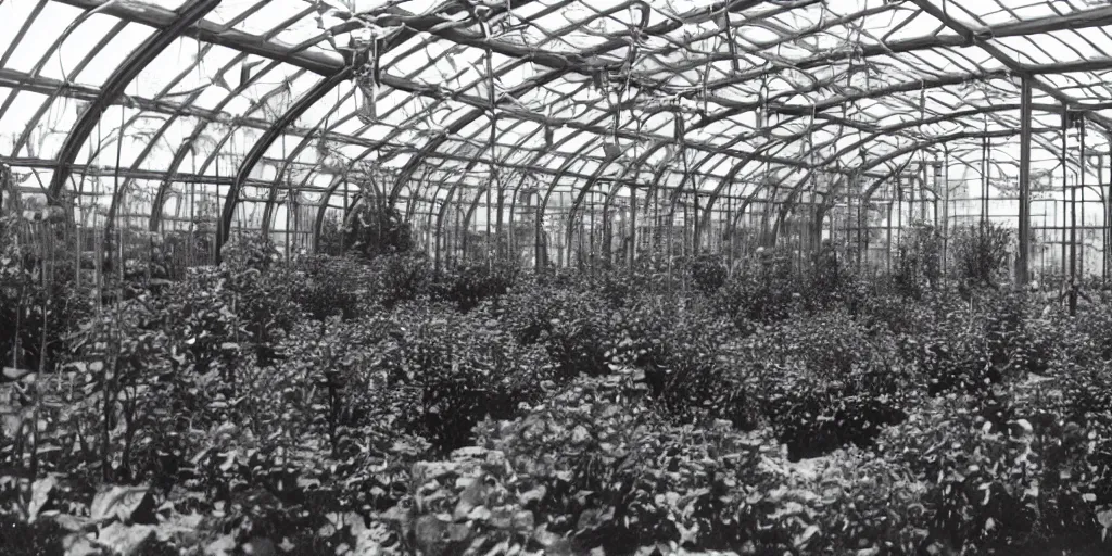 Image similar to interior of experimental greenhouse, novel plants created by the plant wizard luther burbank.