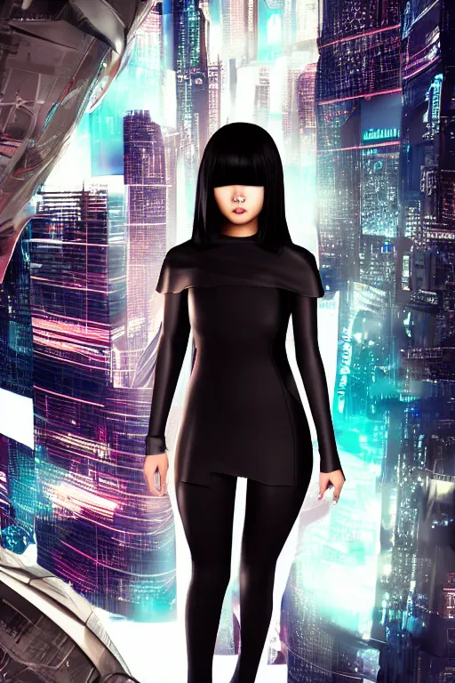 Prompt: futuristic, sci-fi, Asian woman, short black fringe, fashion magazine cover, full body shot. GEN logo, cyberpunk.