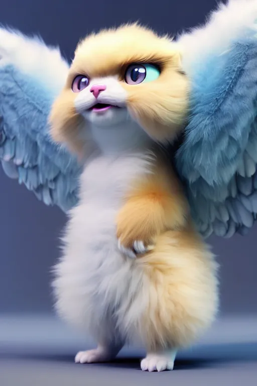 Image similar to high quality 3 d render hyperrealist very cute multipastel fluffy! grumpy griffin cat hybrid with detailed fluffy wings!, vray smooth, in the style of detective pikachu, hannah yata charlie immer, dramatic blue light, low angle, uhd 8 k, sharp focus