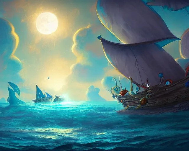 Prompt: Lunar pirates sailing the cosmic cloudy sea, digital art, fantasy art by dreamworks