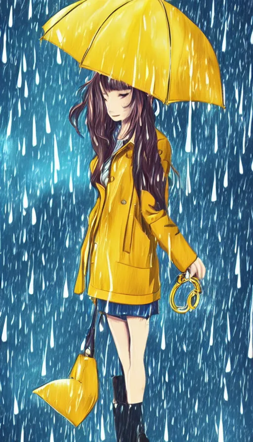 Image similar to girl in a yellow coat standing in the rain holding a small pocket watch, thick outlines, bright colors, digital art, hard edges, detailed, anime style, dynamic pose, character design, fisheye perspective, high angle, art by sora kim, rinotuna, ilya kuvshinov