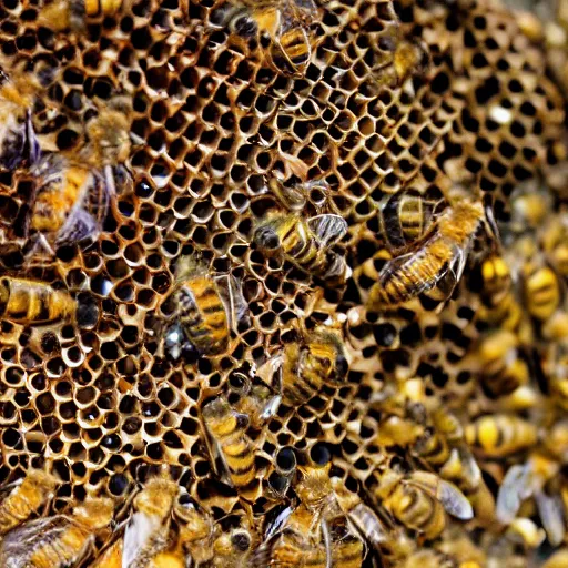 Prompt: a huge beehive larger than a human, very detailed, shot in canon 50mm f/1.2