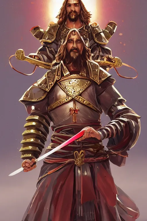 Prompt: A card with description and status of samurai Jesus Christ holding a Sacred Heart armor and katana, card game, card, trade card game, Artifact Dota2, by Stanley Artgerm Lau, WLOP, Rossdraws, James Jean, Andrei Riabovitchev, Marc Simonetti, Yoshitaka Amano, ArtStation, CGSociety,