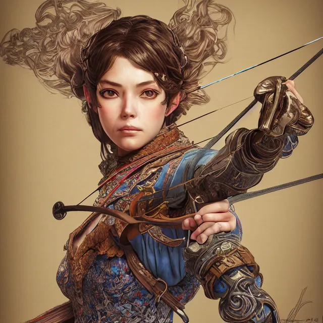 Image similar to the portrait of lawful neutral semi - colorful female archer huntress as absurdly beautiful, gorgeous, elegant, young girl, an ultrafine hyperdetailed illustration by kim jung gi, irakli nadar, intricate linework, bright colors, octopath traveler, final fantasy, unreal engine 5 highly rendered, global illumination, radiant light, detailed and intricate environment