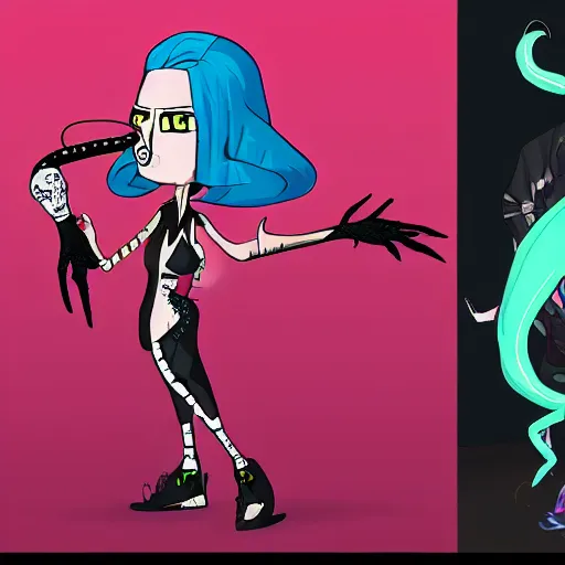 Image similar to CGI psychic punk rocker electrifying rockstar with a giant vampiric squid for a head concept character designs of various shapes and sizes by genndy tartakovsky and Lauren faust