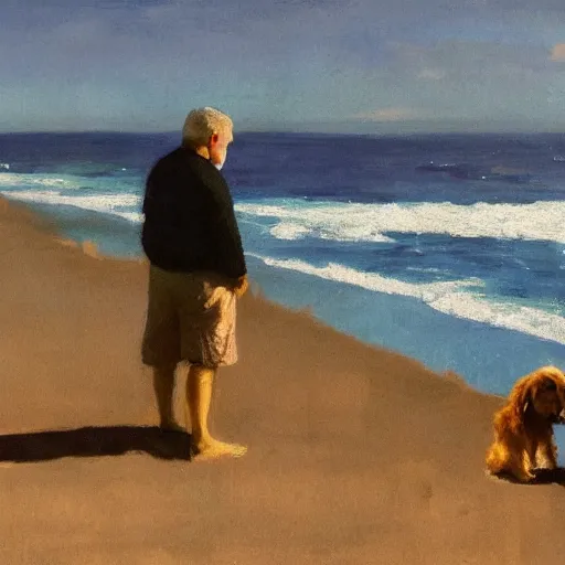 Prompt: a man staring off into the ocean with his dog, impressionist