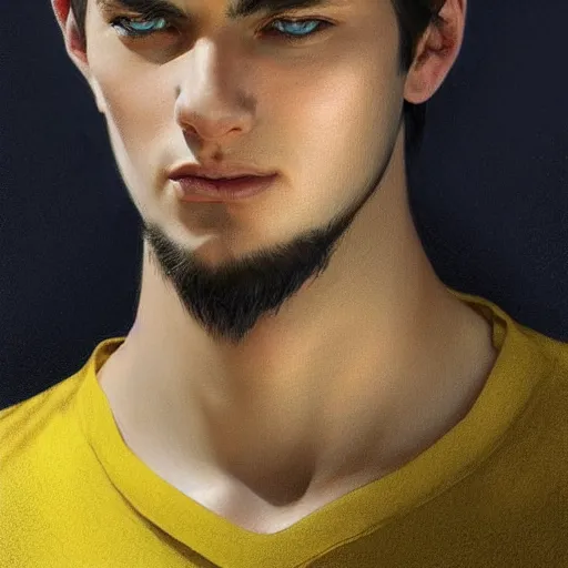 Image similar to ultra realistic illustration, a young man with black hair, in a yellow t - shirt, with blue eyes, highly detailed, digital painting, artstation, concept art, smooth, sharp focus, illustration, art by artgerm and greg rutkowski and alphonse mucha