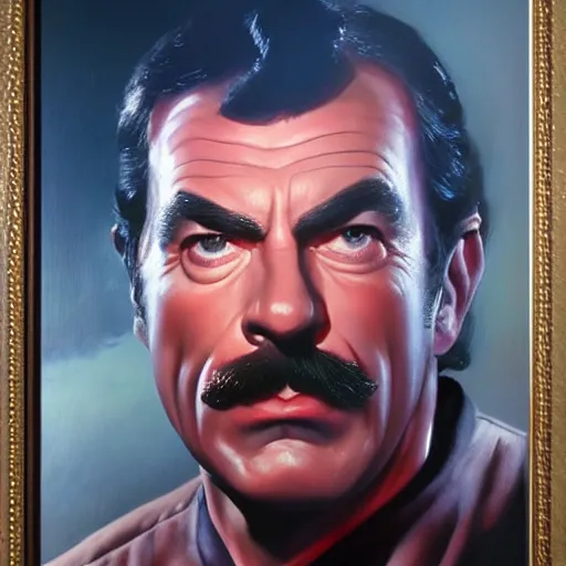 Image similar to ultra realistic portrait painting of tom selleck as spock, art by frank frazetta, 4 k, ultra realistic, highly detailed, epic lighting