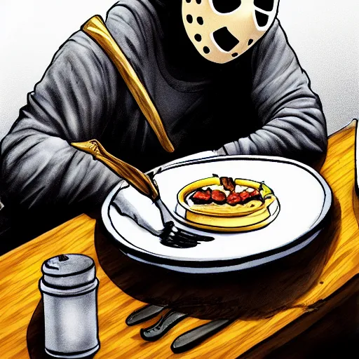 Image similar to Jason Voorhees eating breakfast, digital art