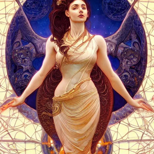 Prompt: glorious dynamic pose full body celestial goddess of dragons, intricate, elegant, highly detailed, digital painting, artstation, concept art, smooth, sharp focus, illustration, art by artgerm and greg rutkowski and alphonse mucha 4K IMAX hyperrealistic, n-9