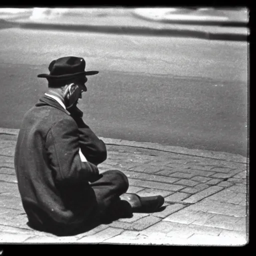 Image similar to a gentlemen sitting in the middle of the street award winning photograph 1950