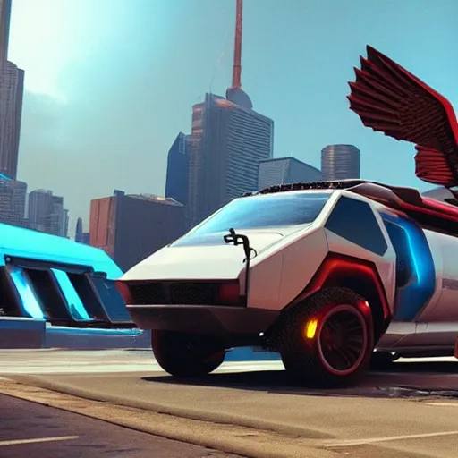 Prompt: cyberpunk alien concept of the a - team van with a pair of wings flying trough the sky, futuristic look, highly detailed body, very powerful, photorealistic camera shot, crisp quality and light reflections, unreal engine 5 quality render