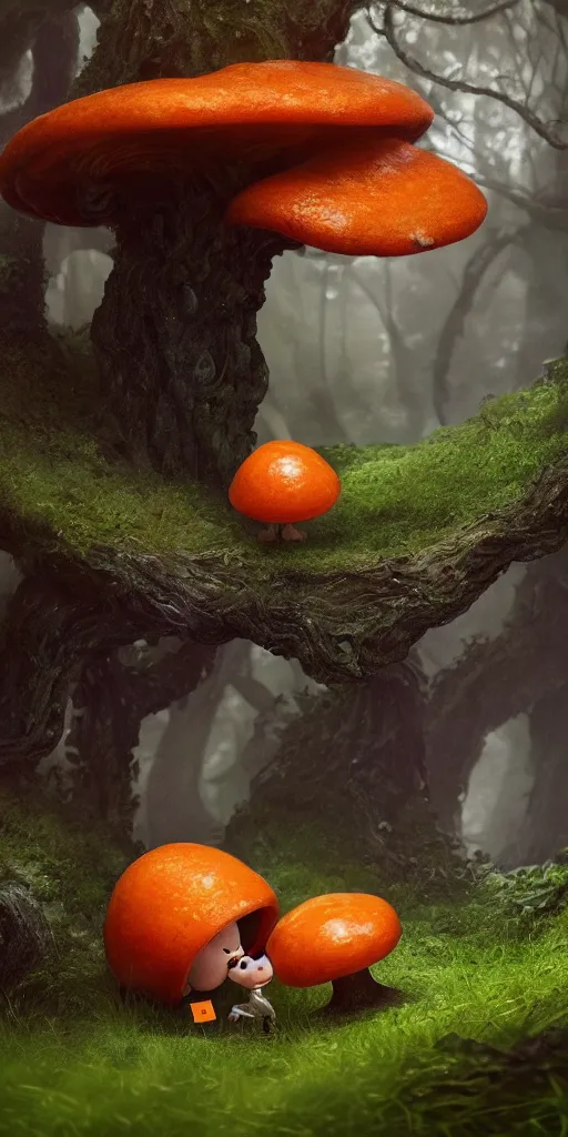 Prompt: a cute, little orange mushroom boy, surrounded by a green forrest, moody , lovecraft, giger, ridley scott, zack snyder, Fenghua Zhong, realistic cinematic lighting, establishing action shot, ultra detailed, hyper realism, photo, octane render