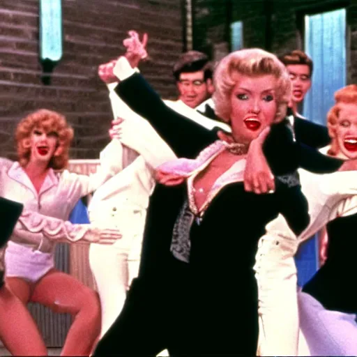 Prompt: Still of Grease (1976) with a tap dance by Fred Astaire and Ginger Rogers, cinematic, technicolor.