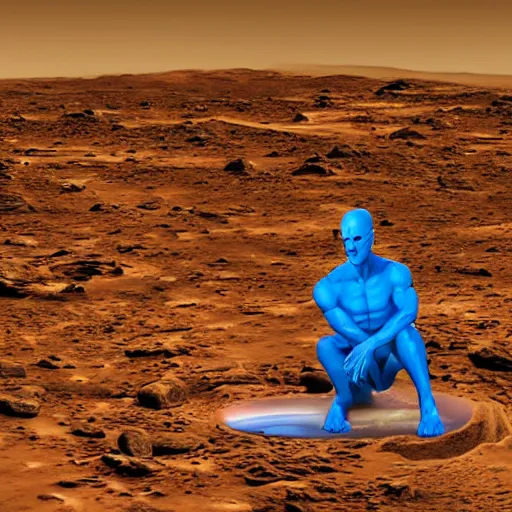 Image similar to dr. Manhattan sitting on Mars thinking, photorealistic