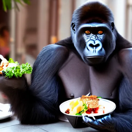 Prompt: gorilla at a fancy 5 star restaurant, eating an entire meal at his seat, 8k