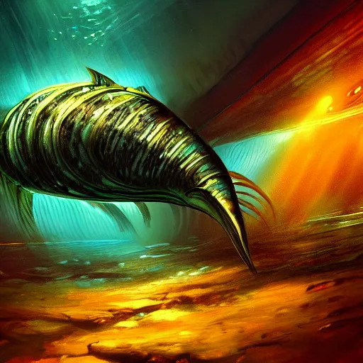 Prompt: alien fish underwater scene cinematic lighting detailed realistic painting photorealistic digital artwork concept art